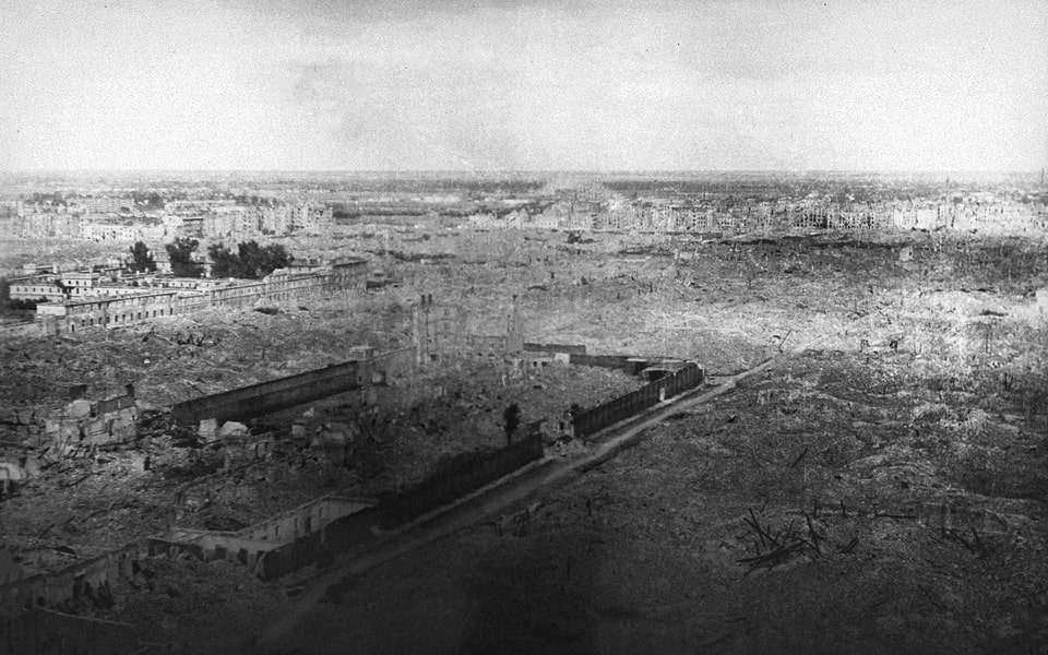 May 1, 1945, view of the ruins of the Warsaw ghetto. Pictured in the middle are the walls of Pawiak Prison. 2