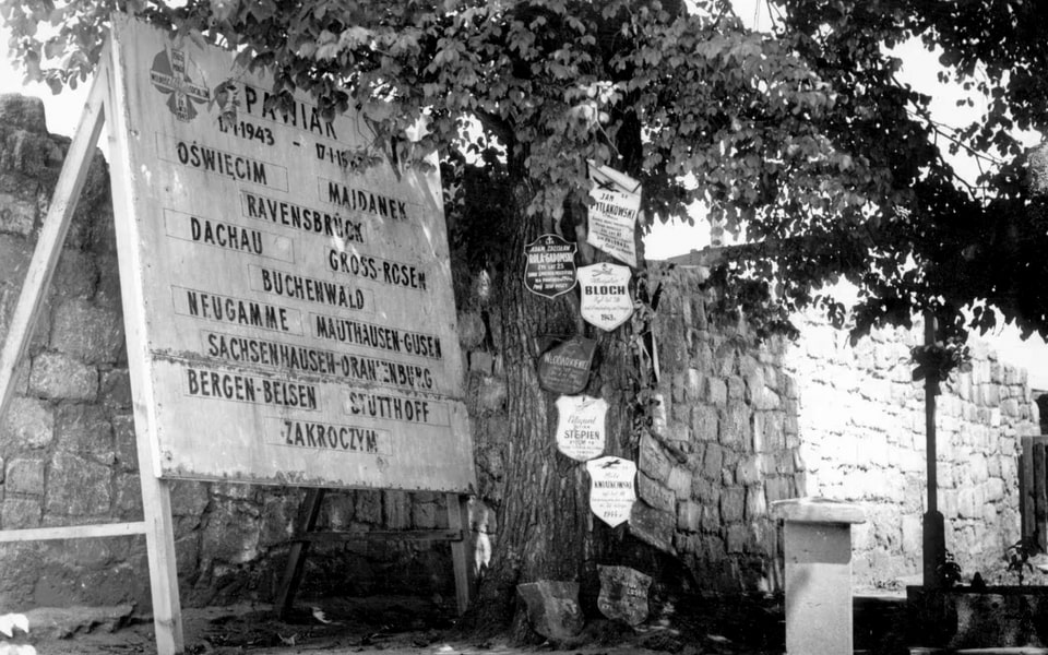 Warsaw, Poland, A memorial sign at the site of the Pawiak prison.