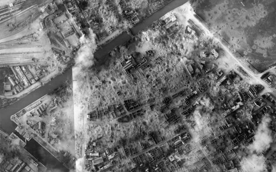 June 13, 1944 Reconnaissance photo of the Saint-Jean district of Caen, taken by Flight Officer Reeves aboard a Spitfire at an altitude of 24,000 feet (7,315 meters)