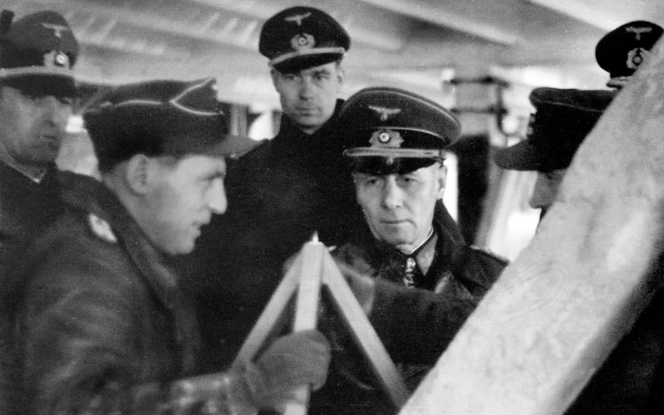 Field Marshal Rommel examining new beach obstacle design — Normandy Atlantic Wall inspection, early 1944
