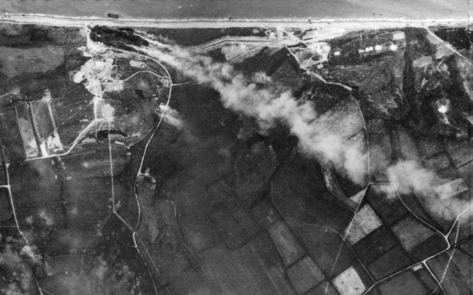 Aerial view of German strongpoints coded Wn 61 and Wn 62 on D-Day at noon