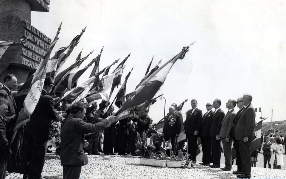 Ceremonies commemorating the 20th anniversary of D-Day, 6 June 1944 at the Memorial Monument on Omaha Beach.1964