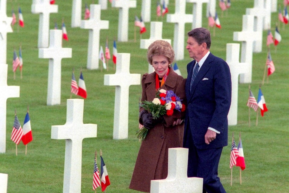 President Ronald Reagan and Nancy Reagan Walking Through Omaha Beach Cemetery in Normandy France 1984
