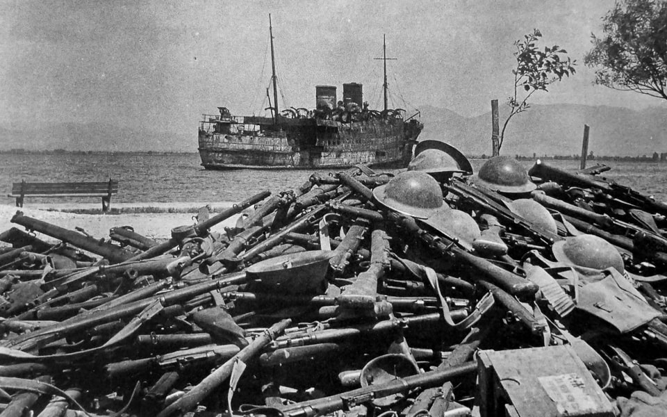 Rifles and helmets of the Australian Army unit that surrendered at Nafplion