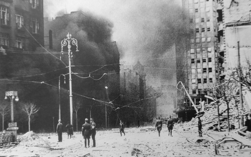 Burning house on Terazije Square in Belgrade after a German air raid. April 1941