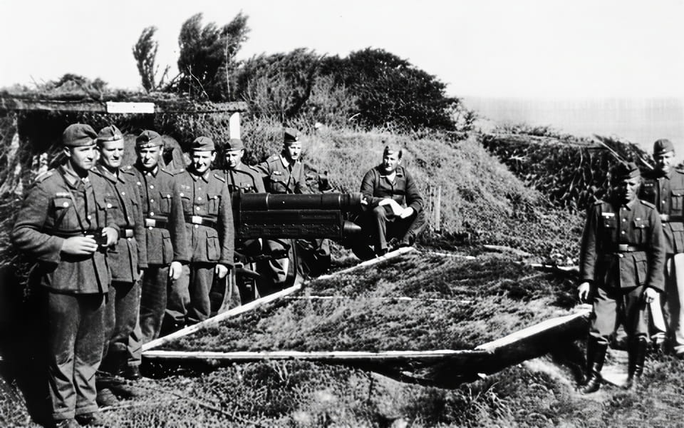 75 mm gun and its crew at the position of the German strongpoint WN 62 before the landing,