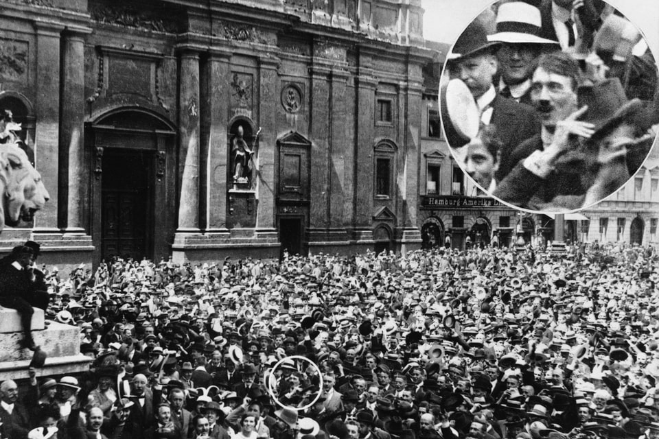 Hitler at a patriotic event in Munich’s Odeonplatz, 2 August 1914