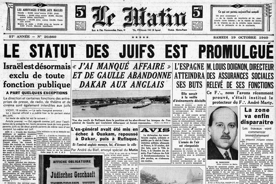 Front page of the newspaper Le MatinOctober 19, 1940, announcing the promulgation of the statute of the Jews _