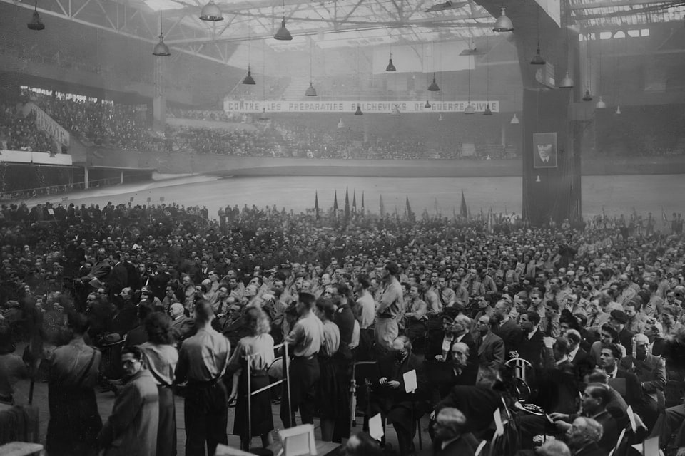 Meeting of the Revolutionary Militia during Mr, Deat's speech on April 11, 1943 at the Vélodrome d'Hiver