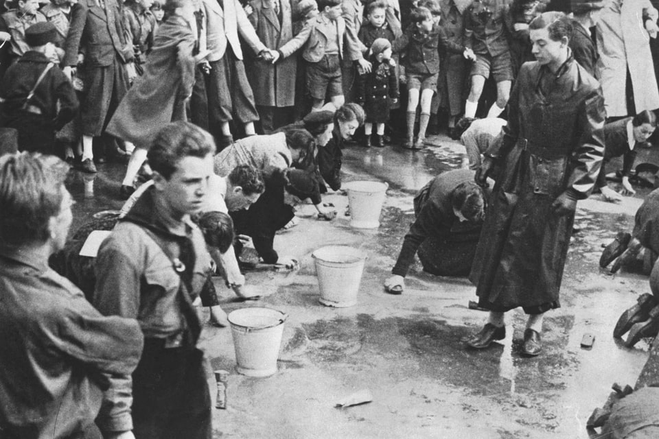 Vienna, Austria, 1938, Hitler Jugend forcing Jews to clean a street