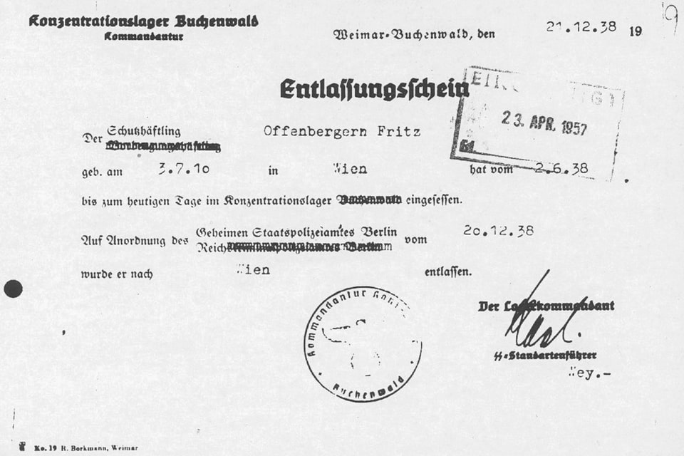 Release certificate from the Buchenwald Concentration Camp, authorized by the Gestapo in Berlin (20.12.38)