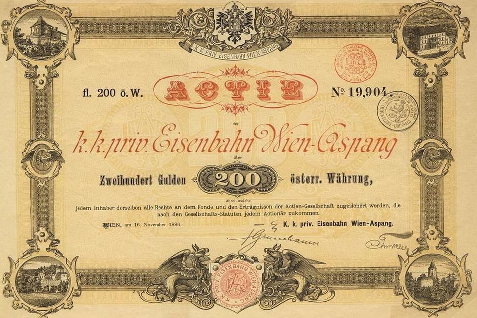 Share certificate of the Vienna-Aspang Railway from 1886