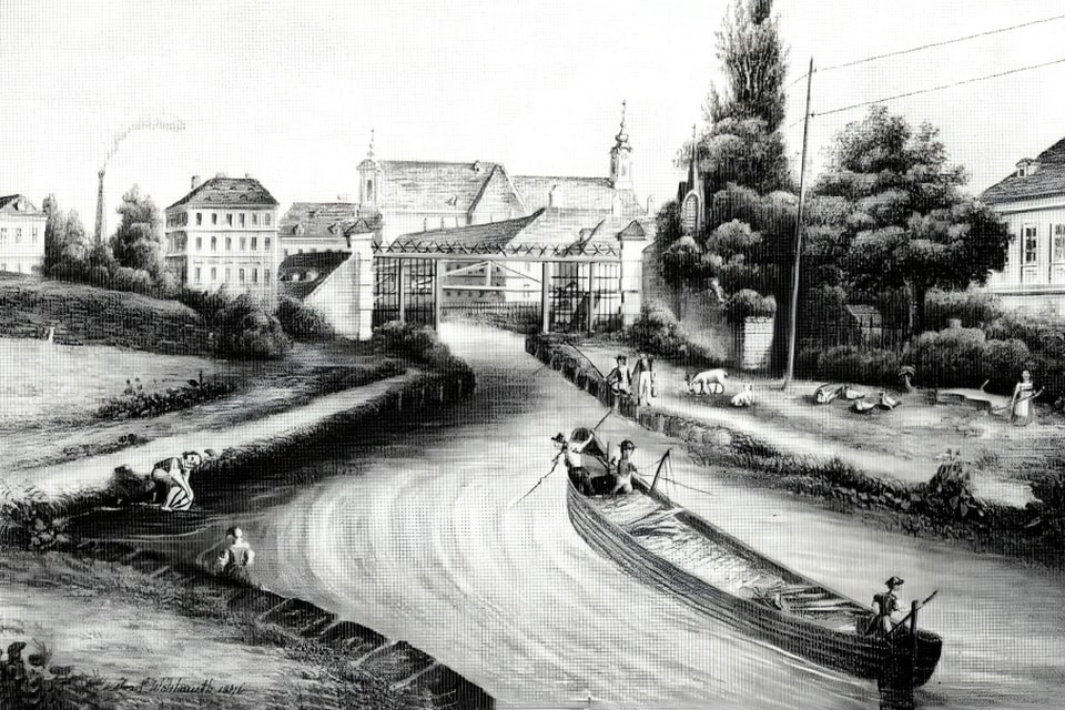 The canal before the toll at Linienwall in Vienna. (Image from around 1840)