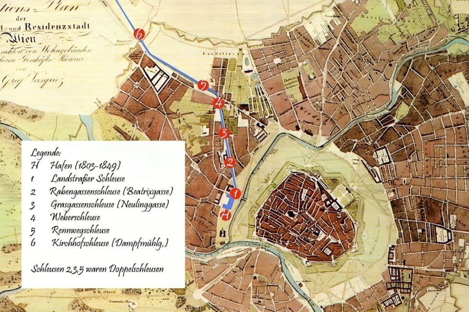 The course of the Wiener Neustädter Canal near Vienna is highlighted in blue on a map from 1832