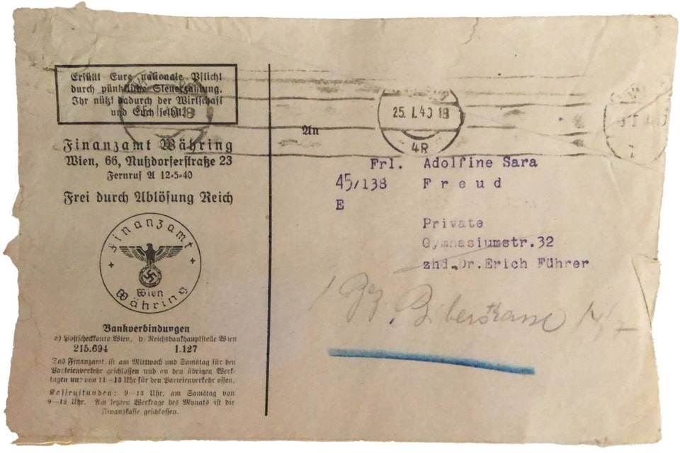 Envelope of a letter from the tax office to Miss Adolfine Sara Freud with the address, Biberstrasse 14, added by hand