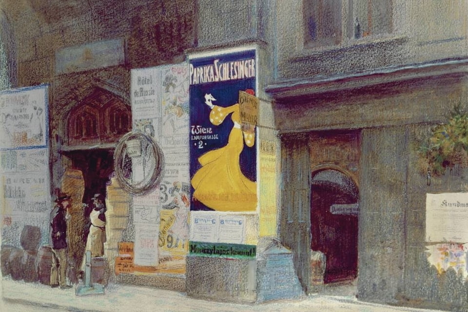 Advertisment for luxury retail shoe brand Paprika Schlesinger established by Robert Schlesinger (1853-1902) in 1879 at Walfischgasse, Vienna, also selling tinned paprika