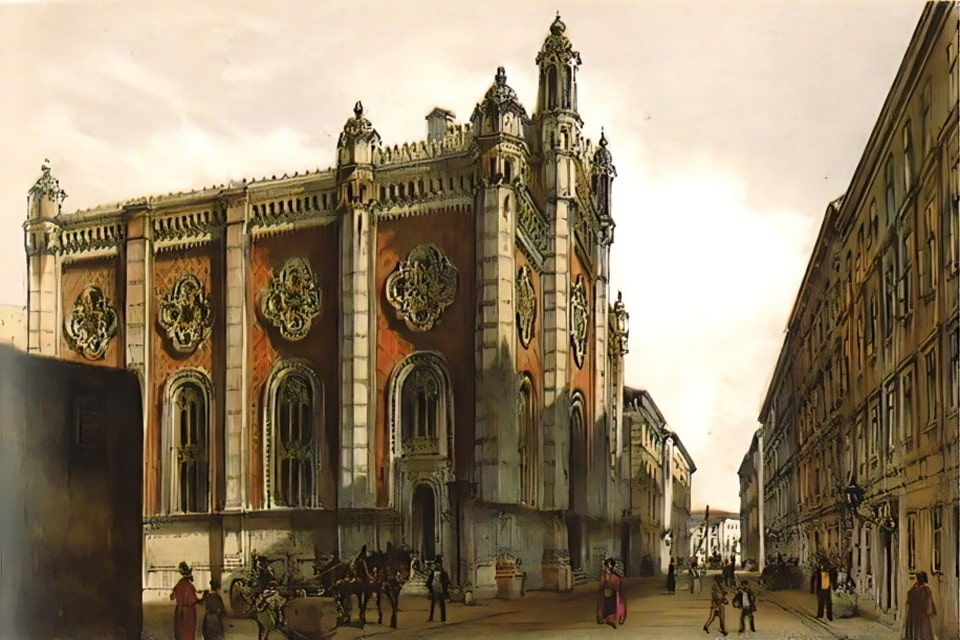 The Leopoldstadt Temple (after Rudolf von Alt ) with 2000 seats was built by Ludwig Förster from 1853 and destroyed in 1938