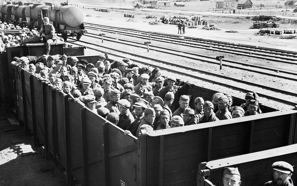 Soviet POWs transported on an open-wagon train, September 1941
