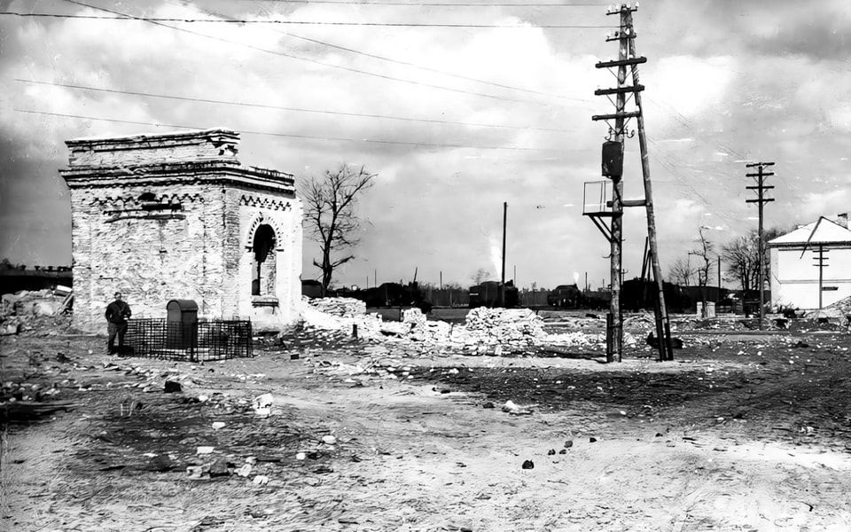 The railway station in ruins Darnytsia Kyiv Ukraine
