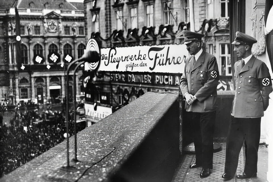 Adolf Hitler with Joseph Goebbels at the Hotel Imperial in Vienna