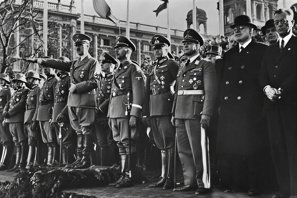 Hitler salutes at a military march past