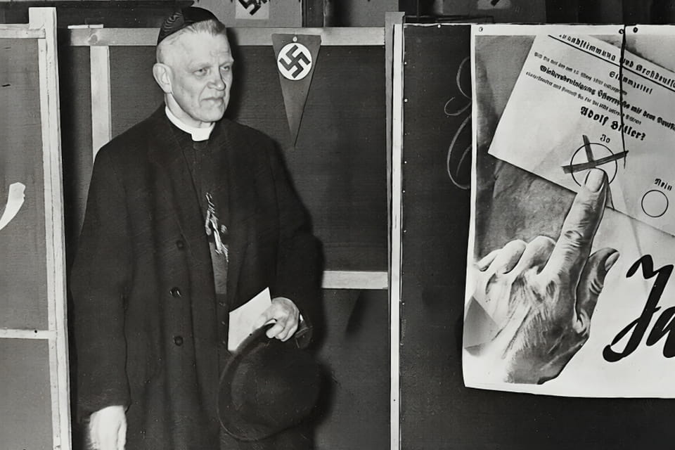 Cardinal Theodor Innitzer, Archbishop of Vienna, casting his vote on 10 April 1938
