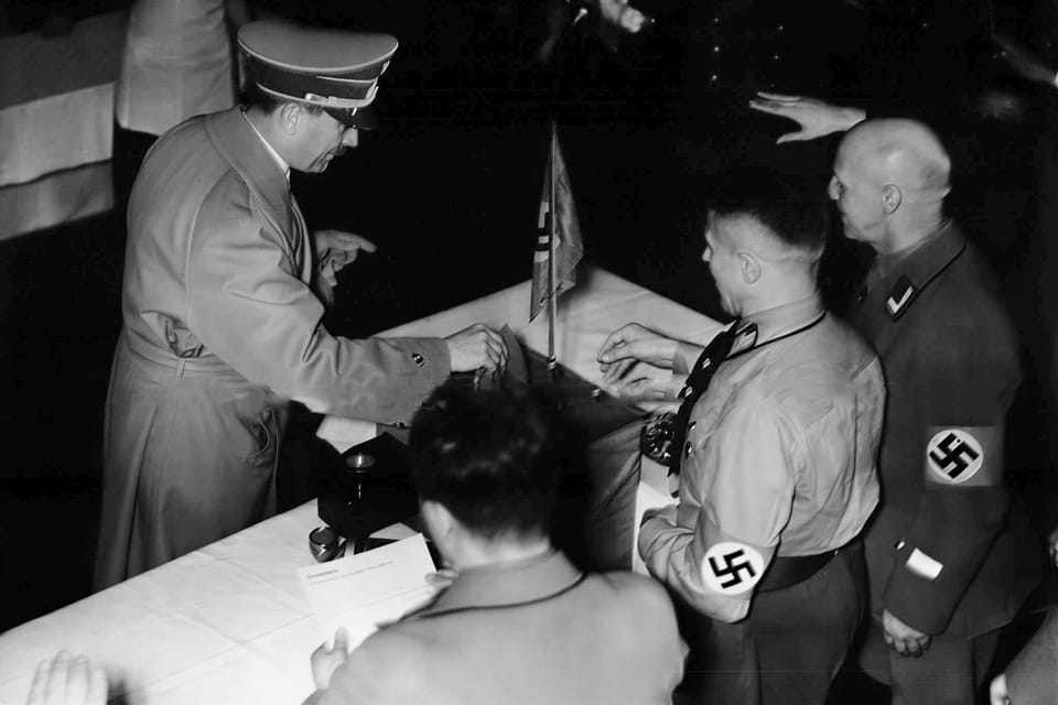 Hitler casting his own ballot at the Anhalter Bahnhof in Berlin on the morning of 10 April 1938
