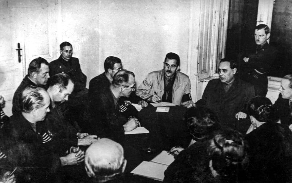 Budapest, Hungary, Prime Minister Ferenc Szalasi consulting with the Arrow Cross Party leadership