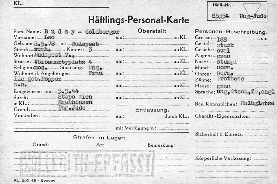 Mauthausen prisoner registry card of Leó Buday-Goldberger