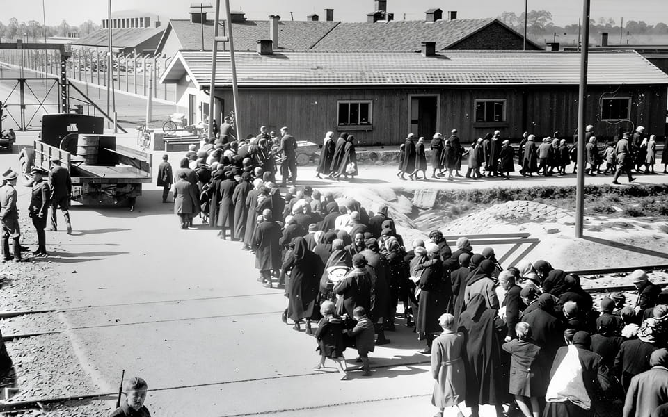 Photographs documenting the arrival process of Hungarian Jews from the Tet Ghetto in Auschwitz-Birkenau extermination camp 27.05.1944