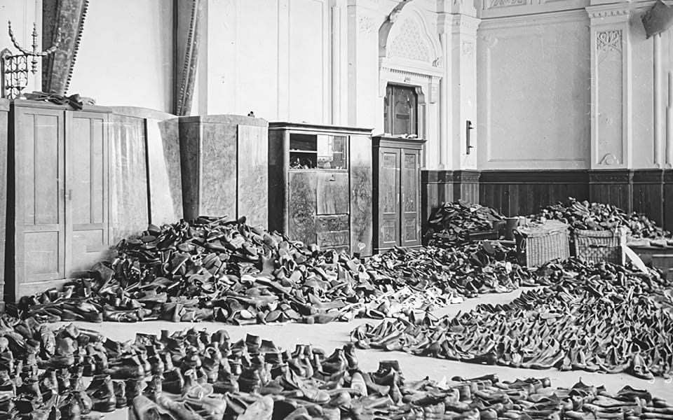 Shoes belonging to members of the Jewish community of Szeged in the city’s synagogue