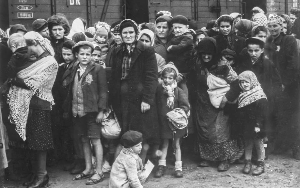 Women and children line up after arriving in Auschwitz-Birkenau on one of the first trains from Hungary