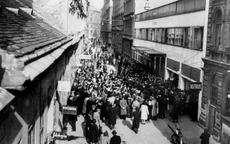 Budapest, Hungary, Jews standing in line to receive protection papers near the crystal house, 1944