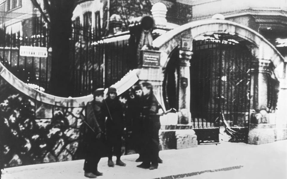Hungarian gendarmes patrol in front of the Swedish legation in Budapest