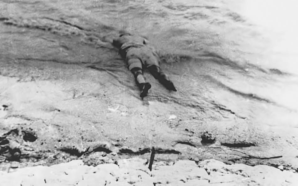 Body of a victim on the Danube embankment in Budapest, winter of 1944–1945