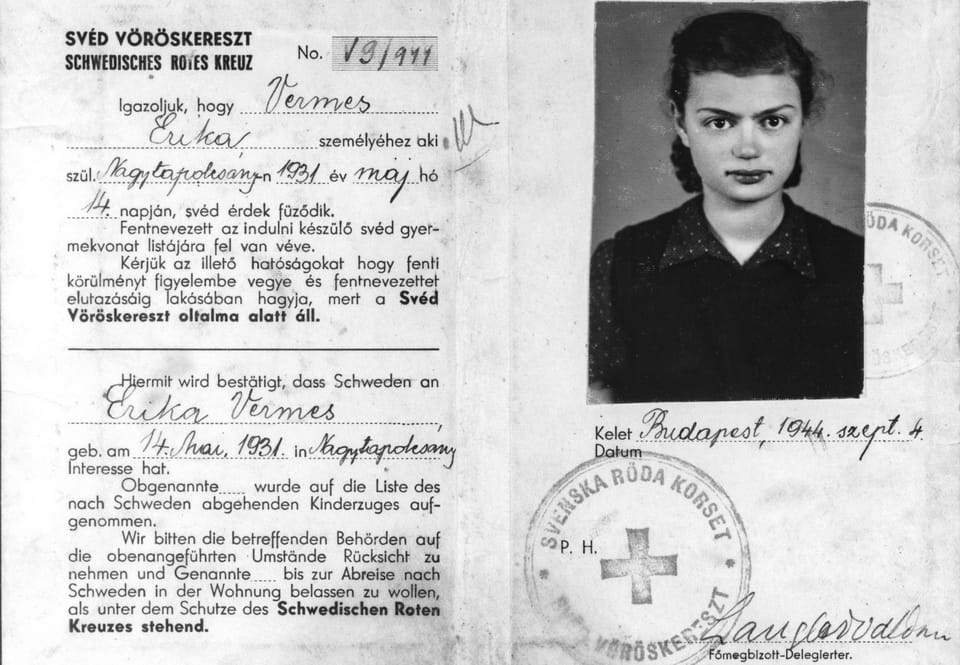 Protective document issued to Erika Vermes by the Swedish Red Cross