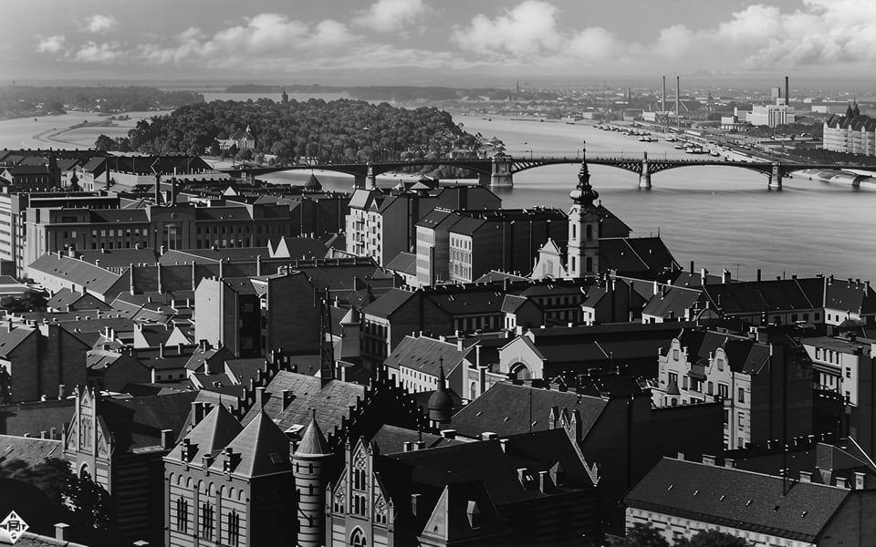 A black and white photo of a city. A city from the top of the tower.1930