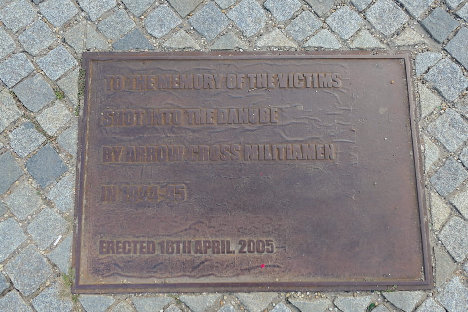 Holocaust memorial on the Danube bank in Budapest, about 300 meters south of the Hungarian Parliament, photographed in 2021