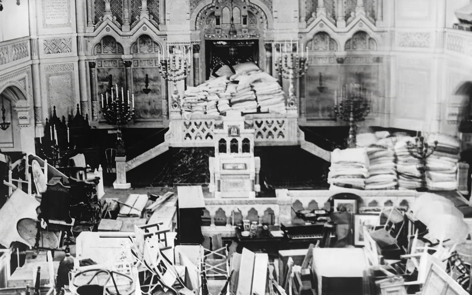 Confiscated Jewish items piled up in the Szeged synagogue, 1945